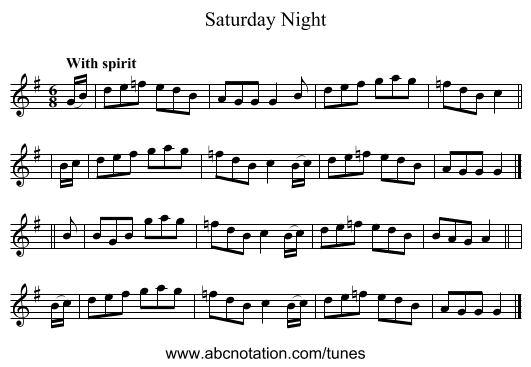 Saturday Night - staff notation