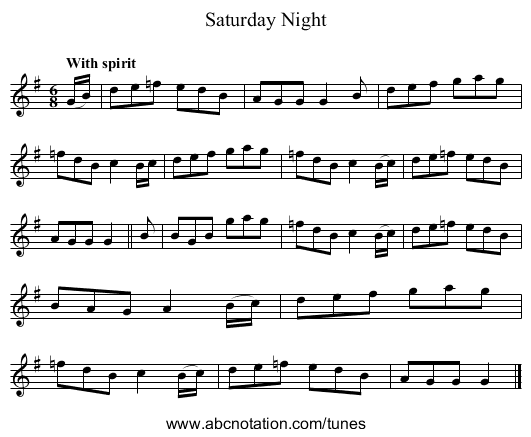 Saturday Night - staff notation