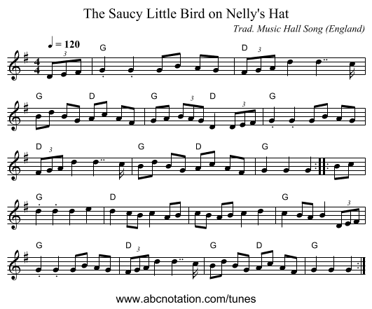 Saucy Little Bird on Nelly's Hat, The - staff notation
