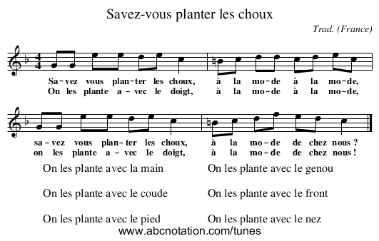 Savez-vous planter les choux - staff notation