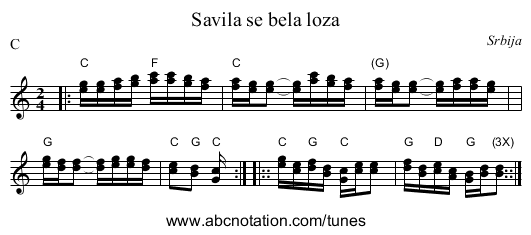 Savila se bela loza - staff notation