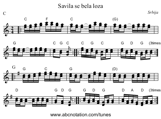 Savila se bela loza - staff notation