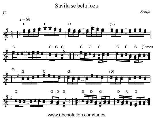 Savila se bela loza - staff notation