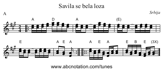 Savila se bela loza - staff notation