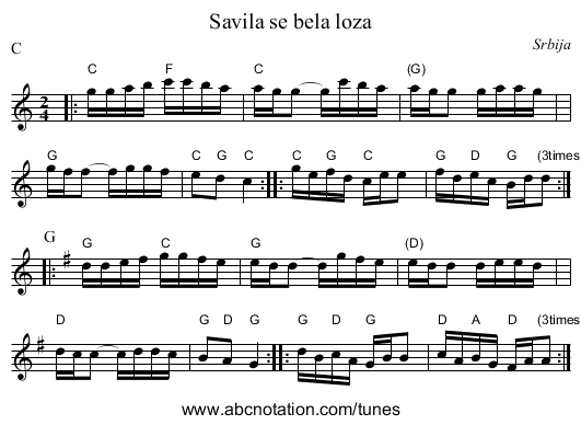 Savila se bela loza - staff notation