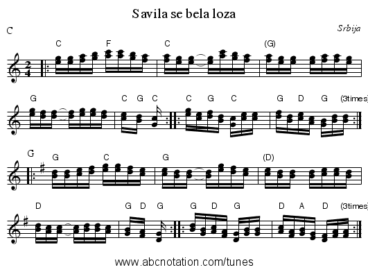 Savila se bela loza - staff notation