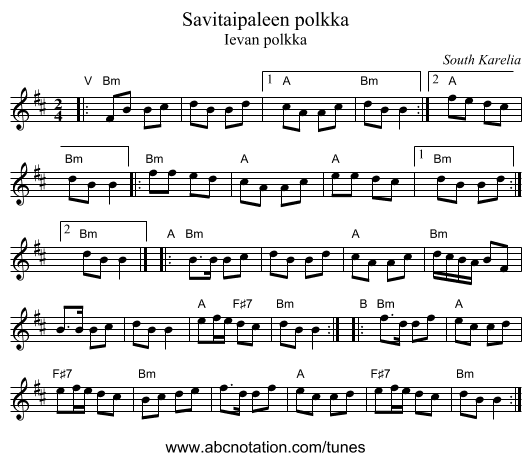 Savitaipaleen polkka - staff notation
