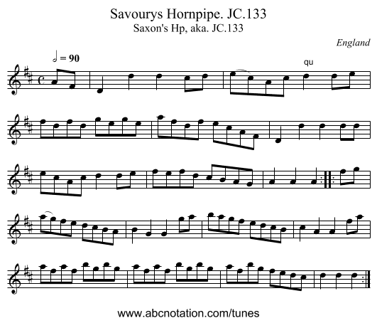 Savourys Hornpipe. JC.133 - staff notation