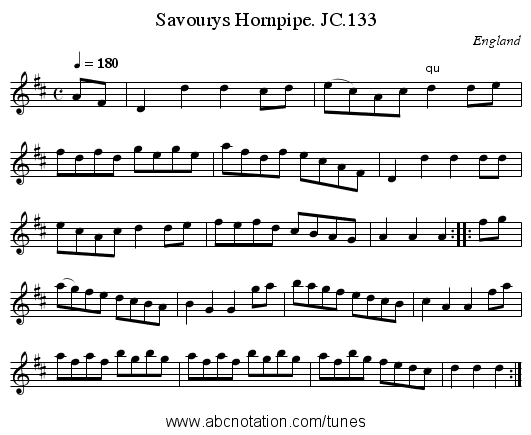Savourys Hornpipe. JC.133 - staff notation