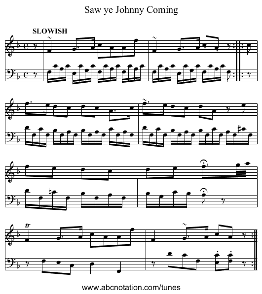 Saw ye Johnny Coming - staff notation