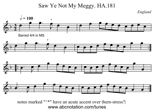 Saw Ye Not My Meggy. HA.181 - staff notation