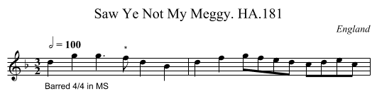 Saw Ye Not My Meggy. HA.181 - staff notation