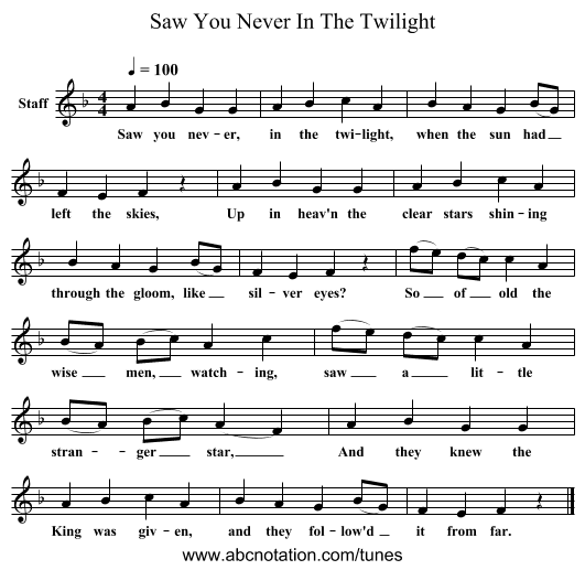 Saw You Never In The Twilight - staff notation