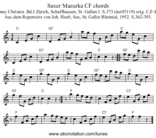 Saxer Mazurka CF chords - staff notation