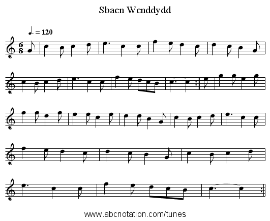 Sbaen Wenddydd - staff notation