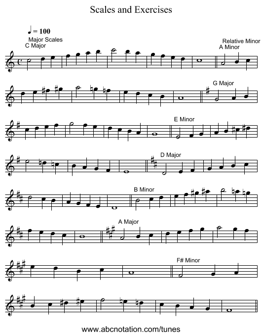 Scales and Exercises - staff notation