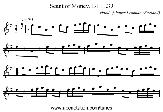 Scant of Money. BF11.39 - staff notation