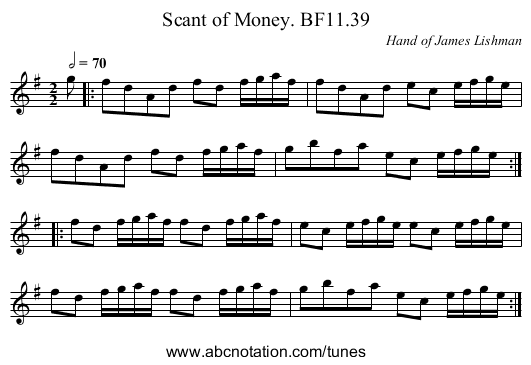 Scant of Money. BF11.39 - staff notation