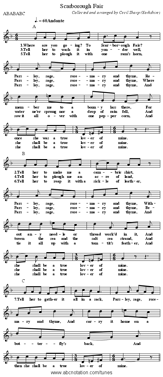Scarborough Fair - staff notation