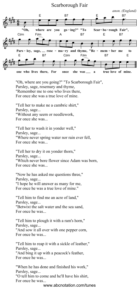 Scarborough Fair - staff notation