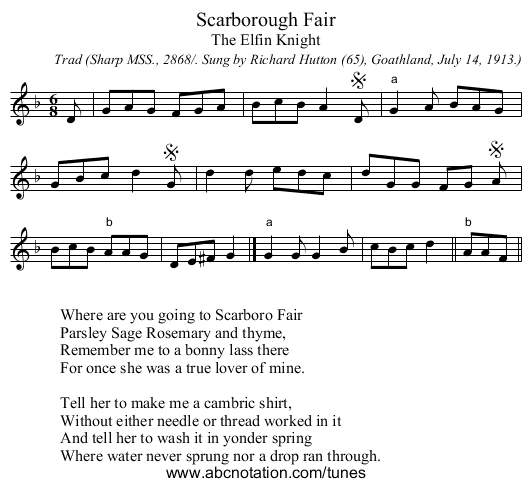 Scarborough Fair - staff notation