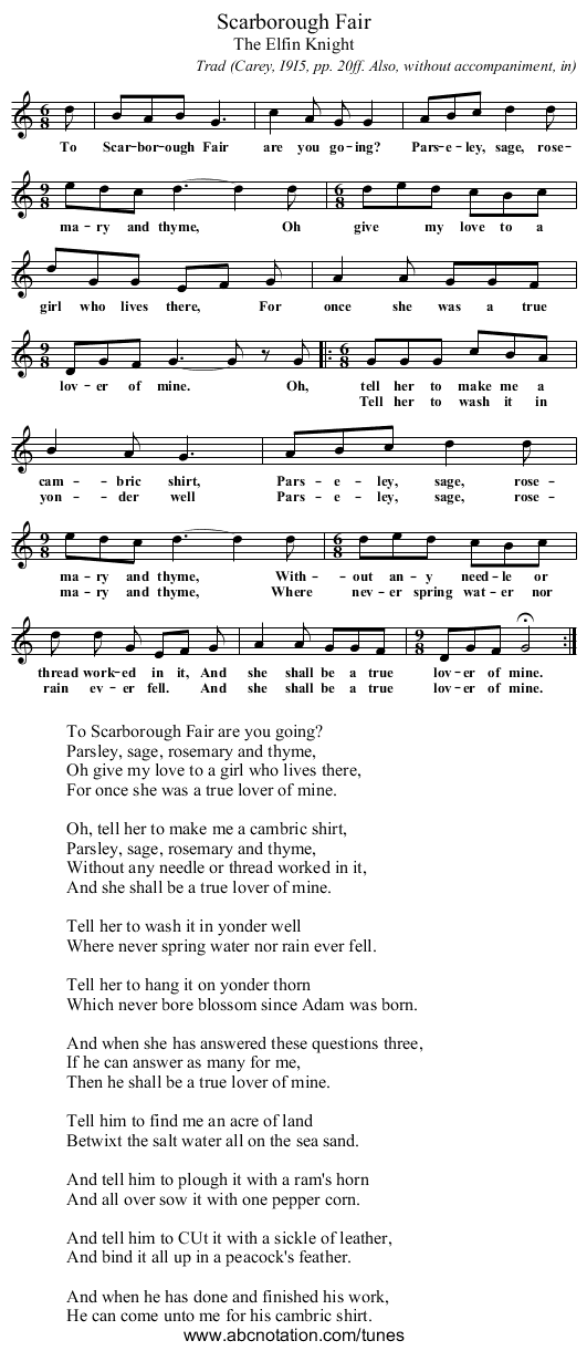 Scarborough Fair - staff notation