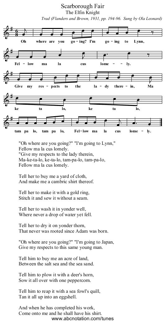 Scarborough Fair - staff notation