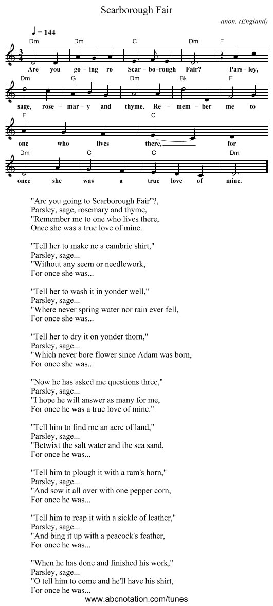 Scarborough Fair - staff notation