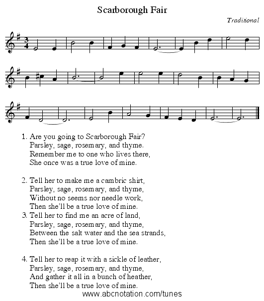 Scarborough Fair - staff notation