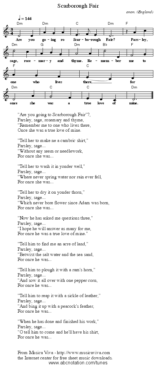 Scarborough Fair - staff notation