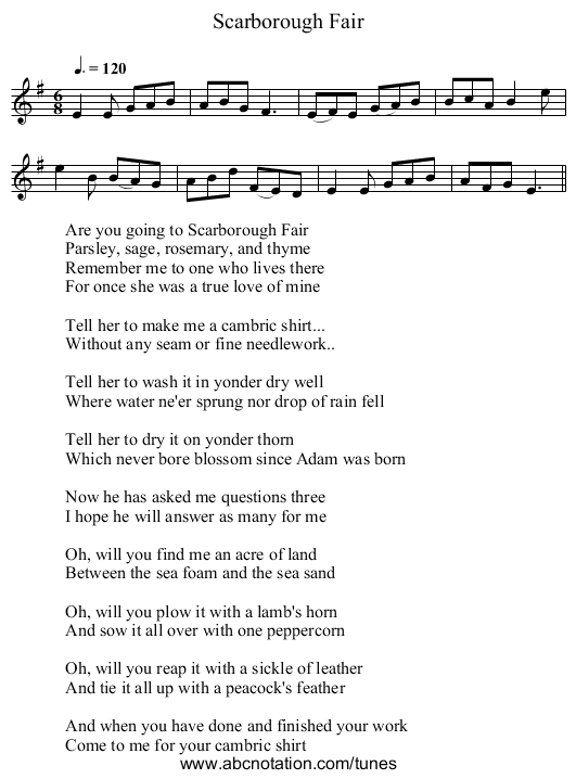 Scarborough Fair - staff notation