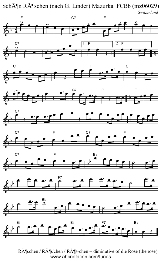 SchÃ¶n RÃ¶schen (nach G. Linder) Mazurka  FCBb (mz06029) - staff notation