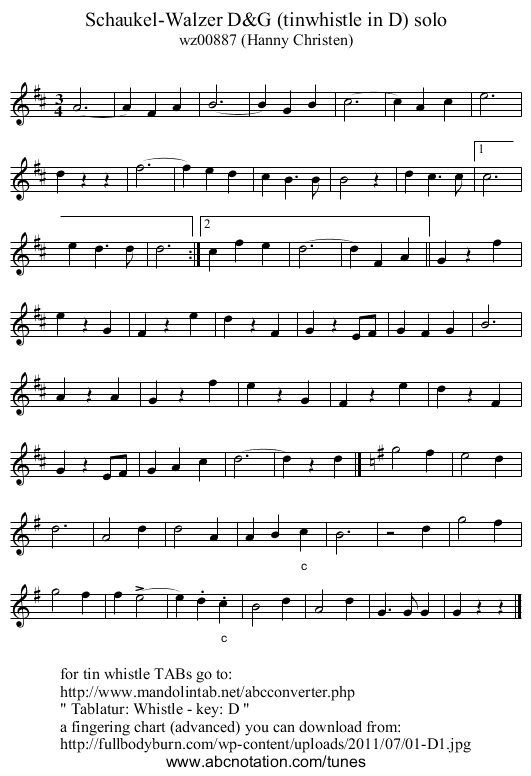 Schaukel-Walzer D&G (tinwhistle in D) solo - staff notation