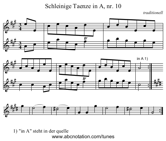Schleinige Taenze in A, nr. 10 - staff notation
