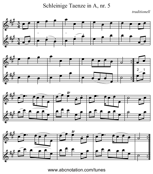 Schleinige Taenze in A, nr. 5 - staff notation