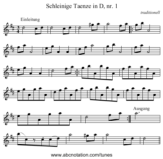 Schleinige Taenze in D, nr. 1 - staff notation