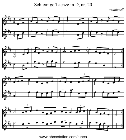 Schleinige Taenze in D, nr. 20 - staff notation