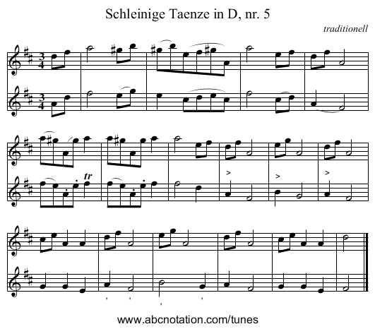 Schleinige Taenze in D, nr. 5 - staff notation