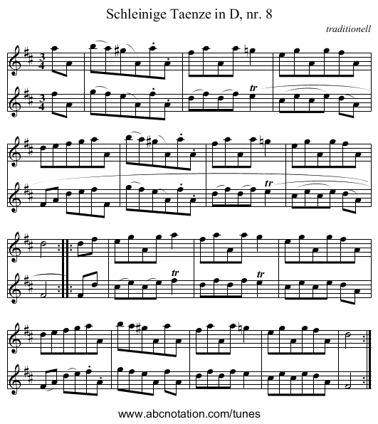 Schleinige Taenze in D, nr. 8 - staff notation
