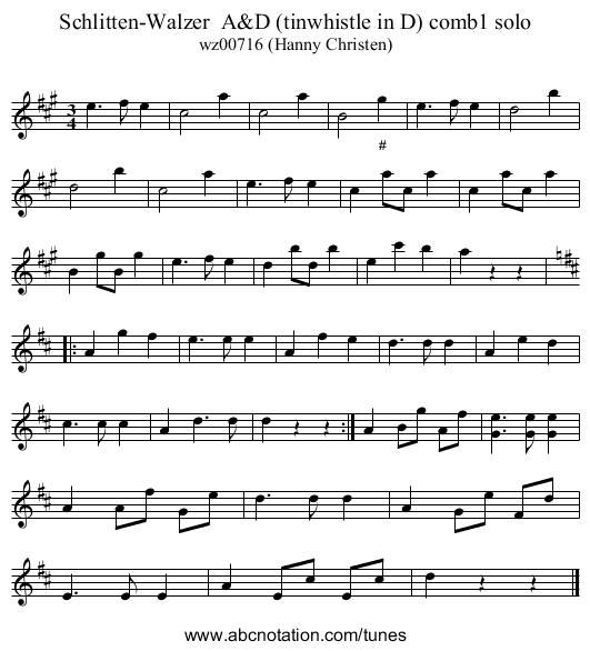 Schlitten-Walzer  A&D (tinwhistle in D) comb1 solo - staff notation
