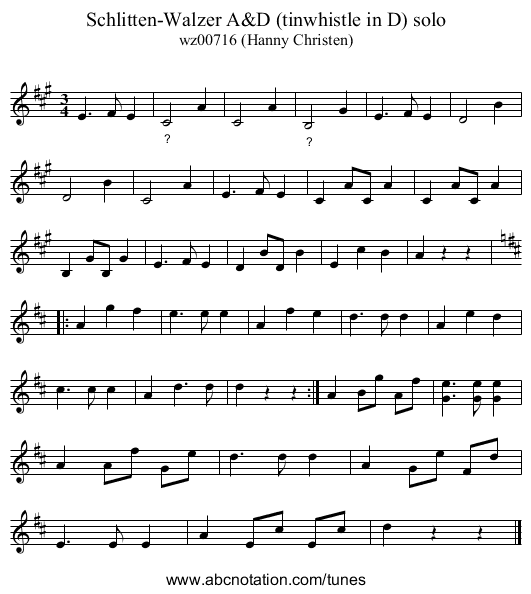 Schlitten-Walzer A&D (tinwhistle in D) solo - staff notation