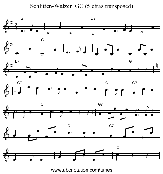 Schlitten-Walzer  GC (5letras transposed) - staff notation