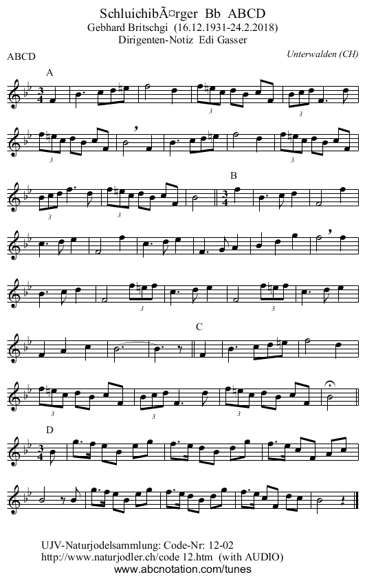 SchluichibÃ¤rger  Bb  ABCD - staff notation