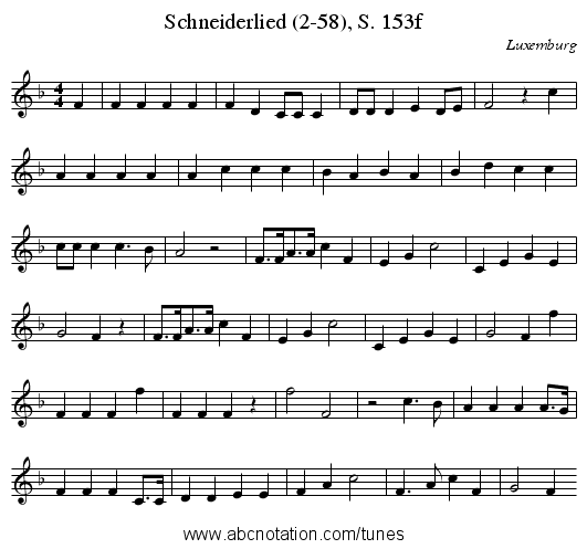 Schneiderlied (2-58), S. 153f - staff notation