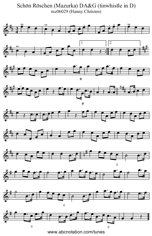 Schön Röschen (Mazurka) DA&G (tinwhistle in D) - staff notation