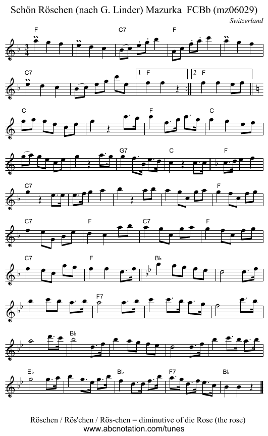 Schön Röschen (nach G. Linder) Mazurka  FCBb (mz06029) - staff notation