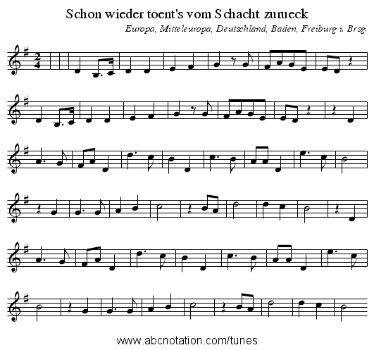 Schon wieder toent's vom Schacht zurueck - staff notation