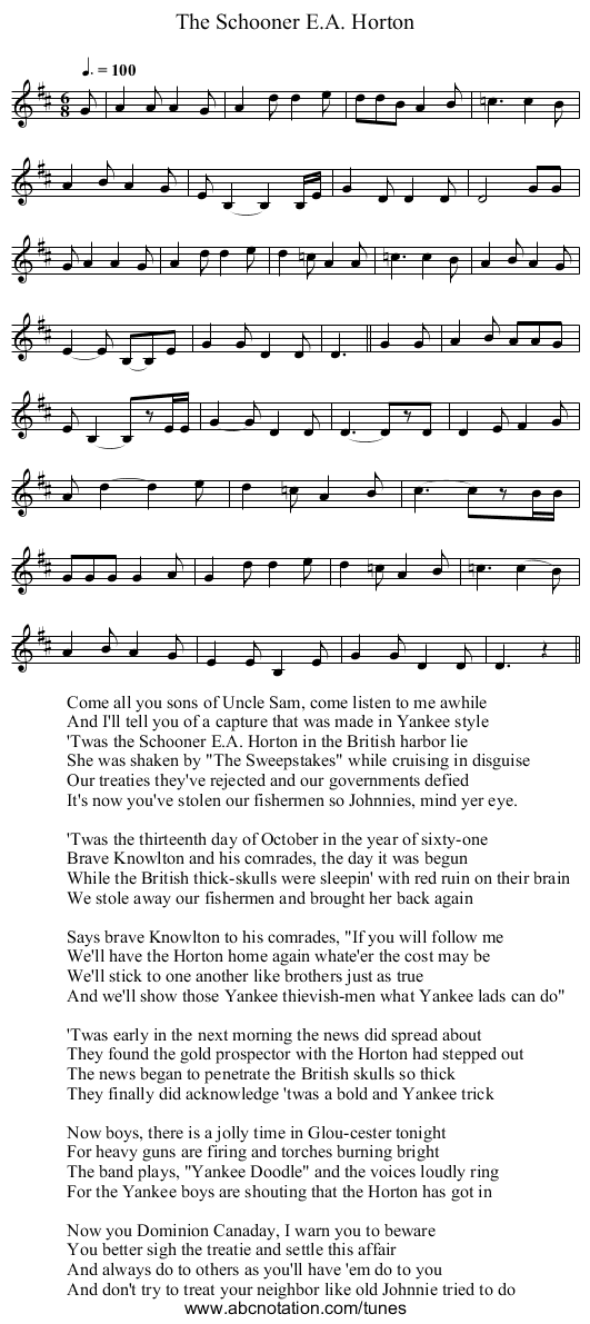 Schooner E.A. Horton, The - staff notation