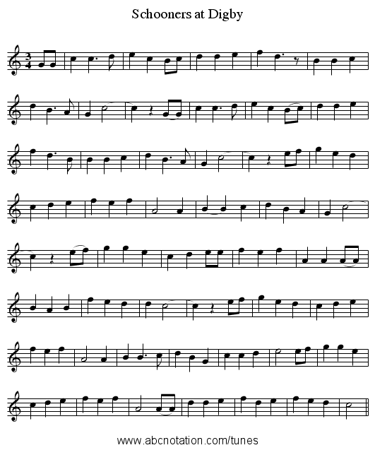 Schooners at Digby - staff notation