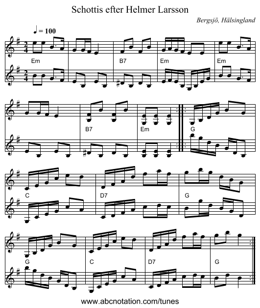 Schottis efter Helmer Larsson - staff notation